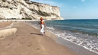 Sexy Crimson-haired Damsel Luvs A Walk By The Sea