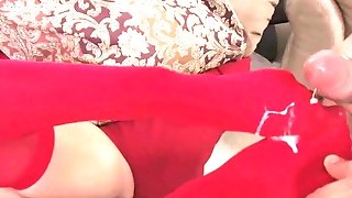 Mandy More Wears Crimson Knee-highs During Fuck-fest